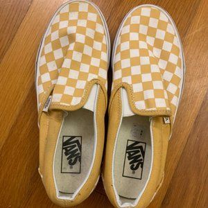 Yellow and White Slip On Checkered Vans